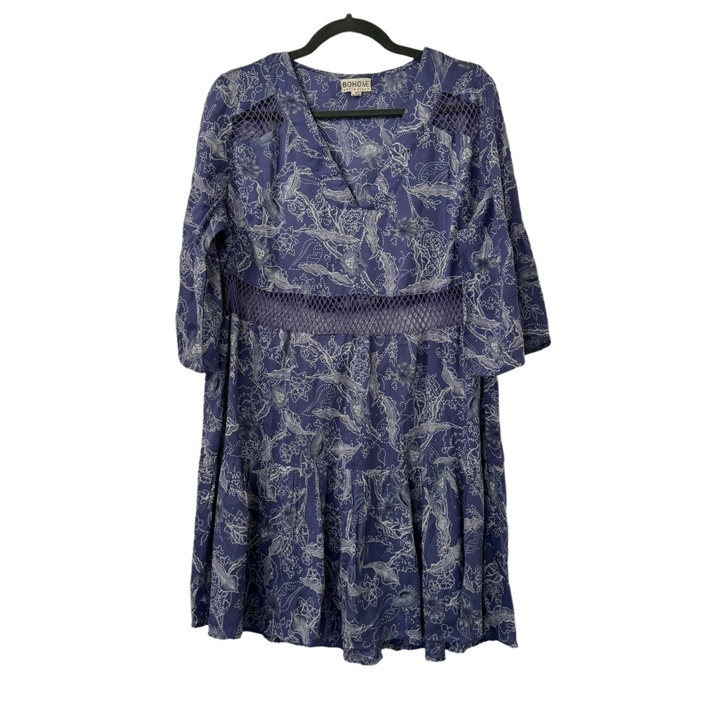 Boho‎ Me Women’s Printed Lace Inset Bell Sleeve Mini Dress In Purple Size M
